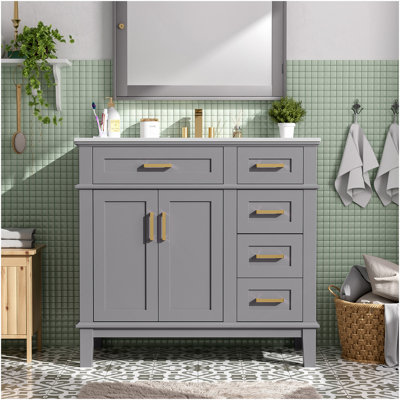 36" Gray Modern Bathroom Vanity With Ceramic Sink, Soft-Close Door, And 4 Storage Drawers ,Offering A Refined Look With Practical Everyday Functionality.