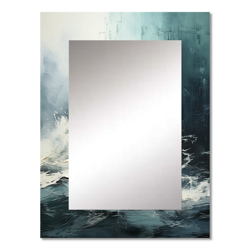 Minimalism Black And White Paint Wave IV - Coastal Wall Mirror, Blue Decorative Mirror, Printed Metal Art, 32" x 24"
