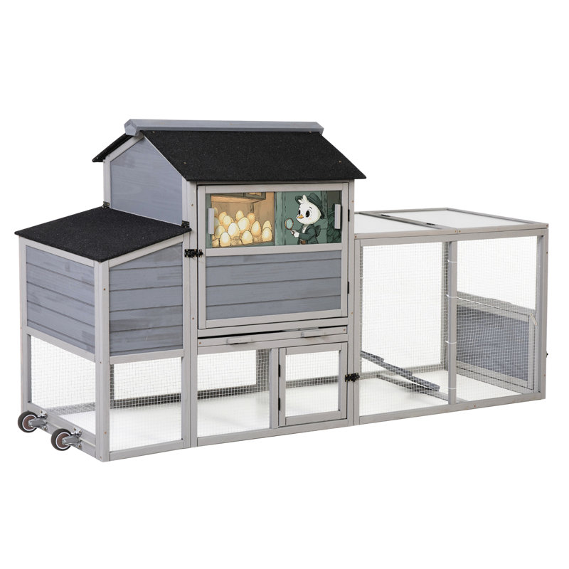 Poulailler mobile avec fenêtre, panneau solaire et course pour petits animaux, motifs colorés gris, portes à conception multifonctionnelle, assemblage d'outils