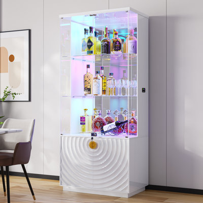 71" Tall Glass Bar Cabinet with RGB LED lighting and motion sensors, Lockable 3-Tier Wine Display Storage Cabinet