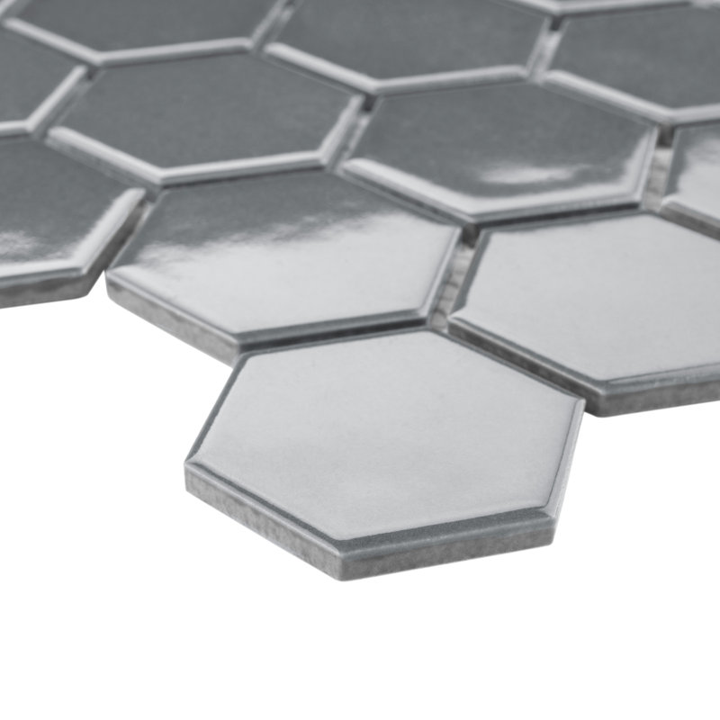 Metro 2" Hex Glossy 11-1/8 " x 12-5/8 " Porcelain Mosaic Floor and Wall Tile, Gray