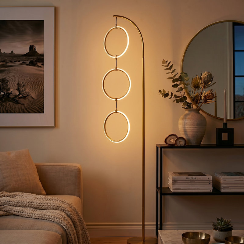 Lampe sur pied arquée 74 po à DEL de 74 po avec finition en laiton doré, anneaux suspendus et gradateur à 3 voies intégré, éclairage intégré