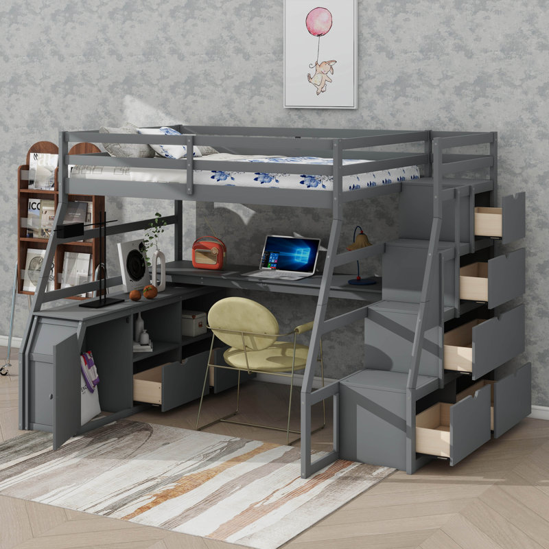 Full-Size Loft Bed Featuring 7 Drawers, 2 Shelves, And A Desk, Gray