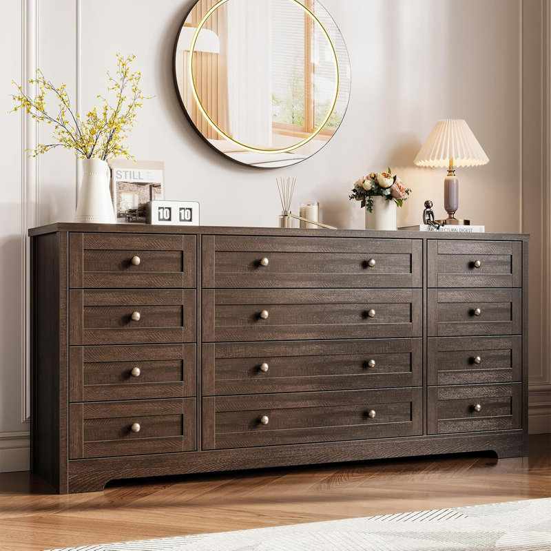 Wooden Dressers for Bedroom with 12 Drawers, Wide TV Stand Dresser for 65 Inch TV, Chest of Drawers, Wood Modern Clothes Storage Organizer for Living Room, Hallway