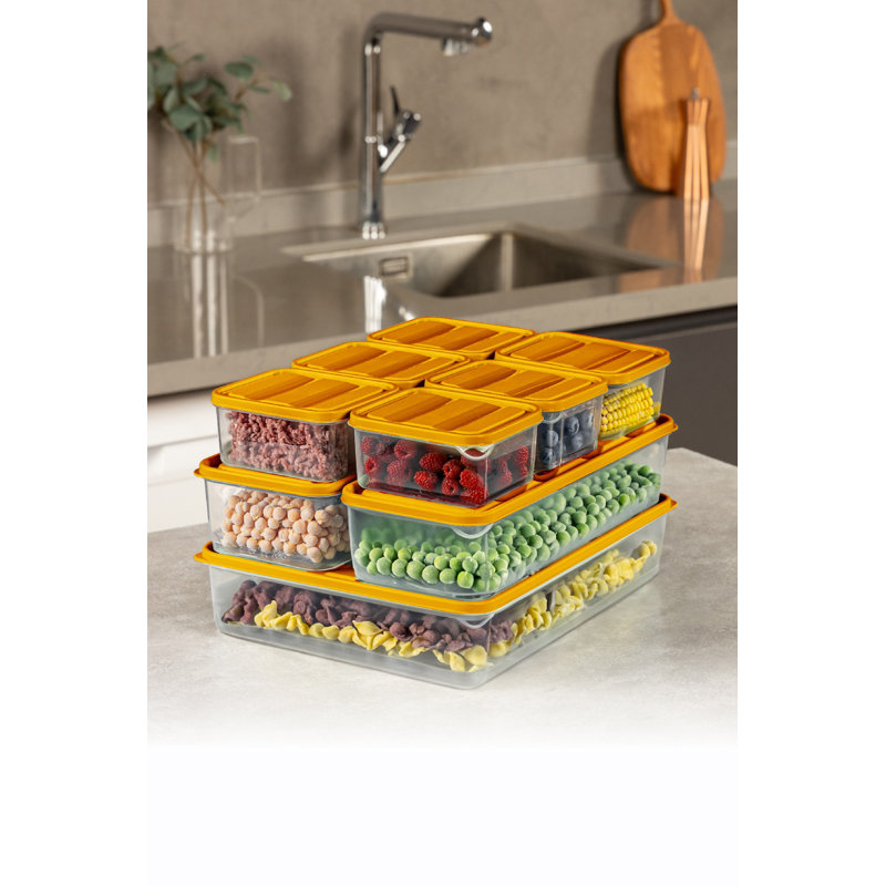 Ensemble de boîtes de rangement en plastique durable (7 pièces), orange, 4,3 x 11,8 x 2,8 pouces (2 pièces) et 9,1 x 11,6 x 2,6 pouces (5 pièces) | 100% lavable au lave-vaisselle, idéal pour organiser les fournitures de cuisine et de maison, conception peu encombrante