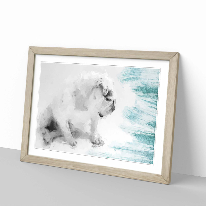 White British Bulldog Profile in Abstract - Picture Frame Painting Print, Oak, 35cm H x 50cm W x 2cm D