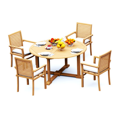 Ensemble de salle à manger 7 pièces en bois de teck de qualité A: table ronde de 60 po et fauteuils empilables # 11MS1206