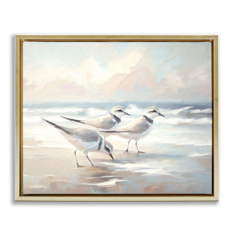Cadre flottant Sandpipers Under Warm Beach Sun, design par Ramona Murdock, H 17 po x l 21 po, Cadre flottant métallique doré