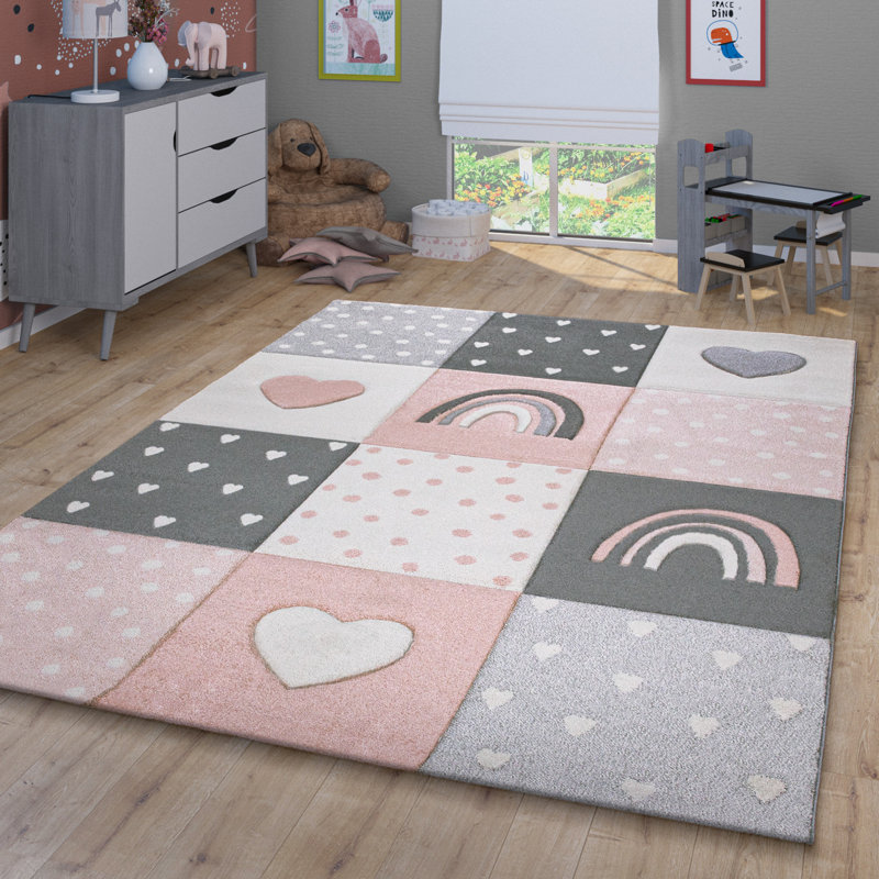 Falisa Checkered Kids Rug in Pink/Grey/White, Rectangle 2'8" x 4'11"