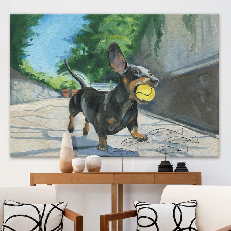 «Dachshund Ball» par Eyere Tarney - reproduction sur toile, H 24 po x l 36 po x P 1,5 po