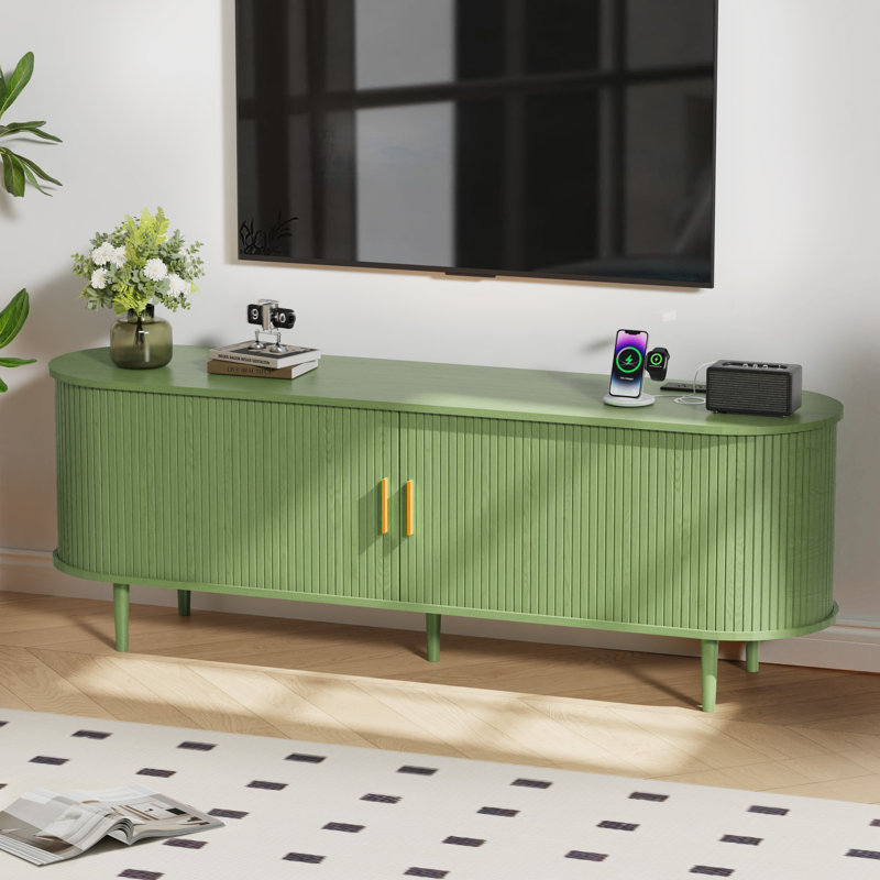 63" Fluted TV Stand With Power Outlet and Adjustable Shelves, Mid Century Modern TV Console, Sliding Doors Entertainment Center and Media Console for TVs 40" - 65"