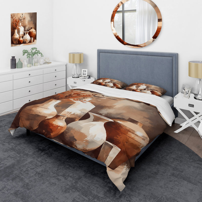 Ensemble de housse de couette en terre cuite brune et crème II, Housse de couette pour grand lit et 2 taies décor