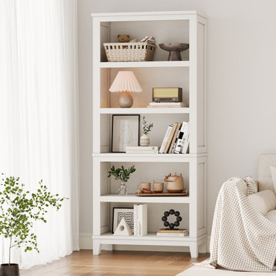 71" Bookcase with Adjustable Shelves, 5 Tier Tall Bookshelf with Wooden Legs, Rustic Vintage Bookcase for Living Room Office Library, White