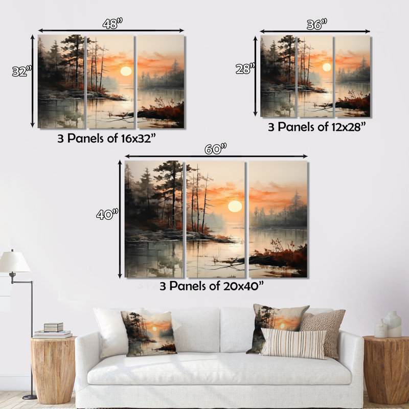 «Lake Misty Morning Reflections I - Lakes Lakehouse», art mural sur toile, H 16 po x l 32 po x P 1 po, Cadre flottant brun