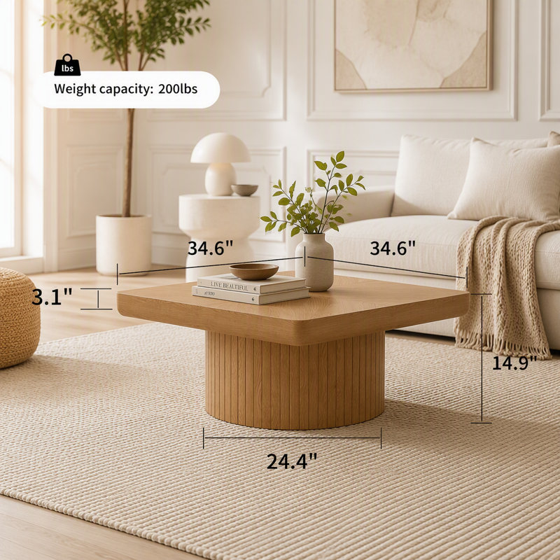 Table basse carrée avec plateau et base cylindrique, Bois naturel