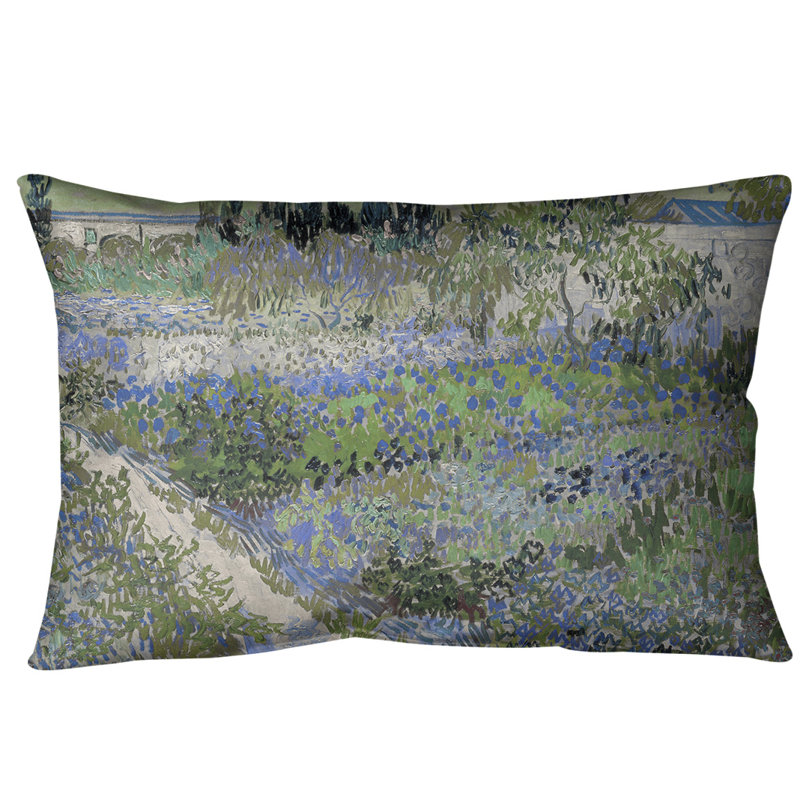 Coussin lombaire bluhender garten mit pfad, Bleu, Faux lin