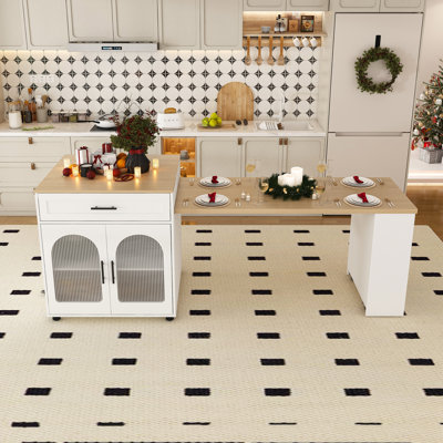 Vesta 80" Extendable Kitchen Island with Dining Table, Power Outlets & Storage - Wood Grain Top