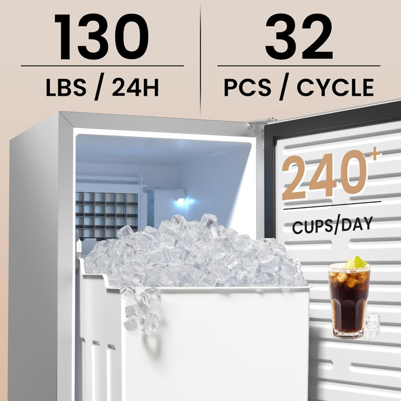 Coolski 15” Under Counter Ice Maker Machine, 130 Lbs/Day, 30 LBS Storage Bin