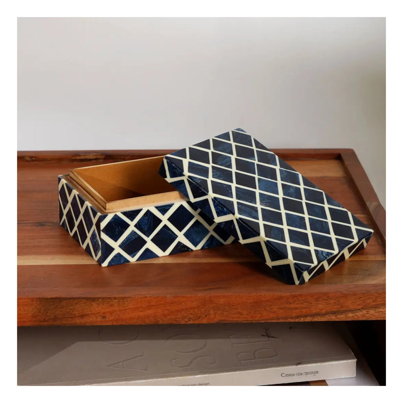Decorative Storage Box with Resin Diamond Pattern, Black and White