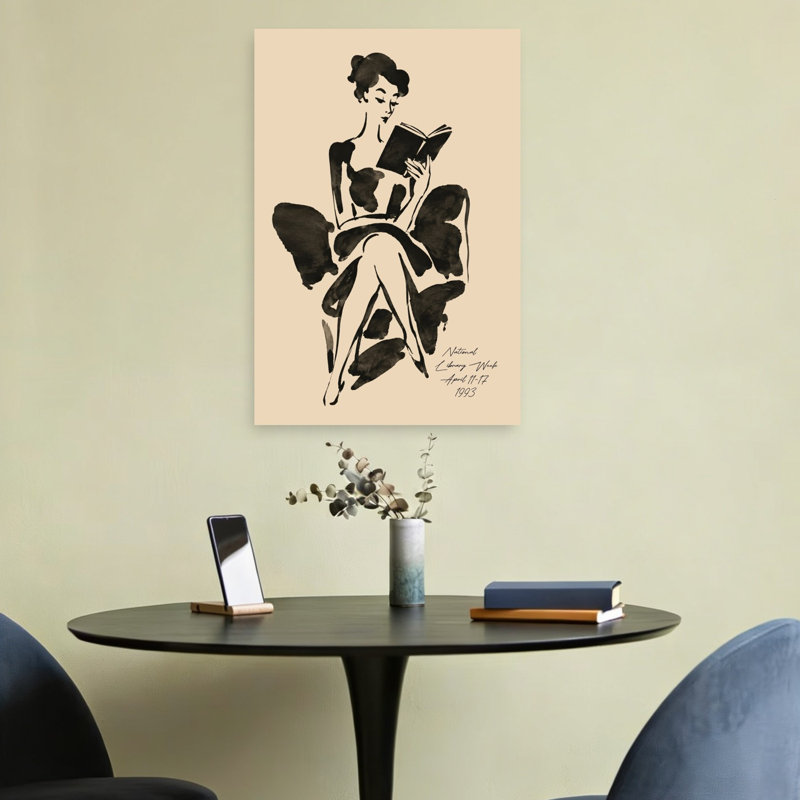 Femme élégante lisant un livre - Illustration murale classique, élégante et paisible, H 24 po x l 16 po