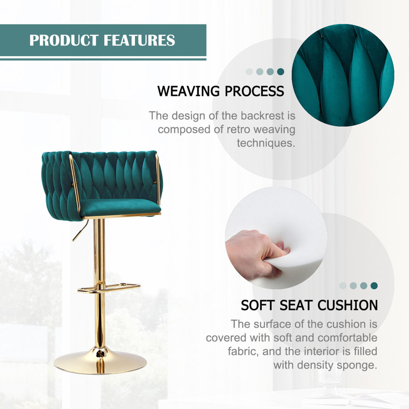 Swivel Adjustable Height Bar Stool Modern Velvet Bar Stool with Metal Frame, Green