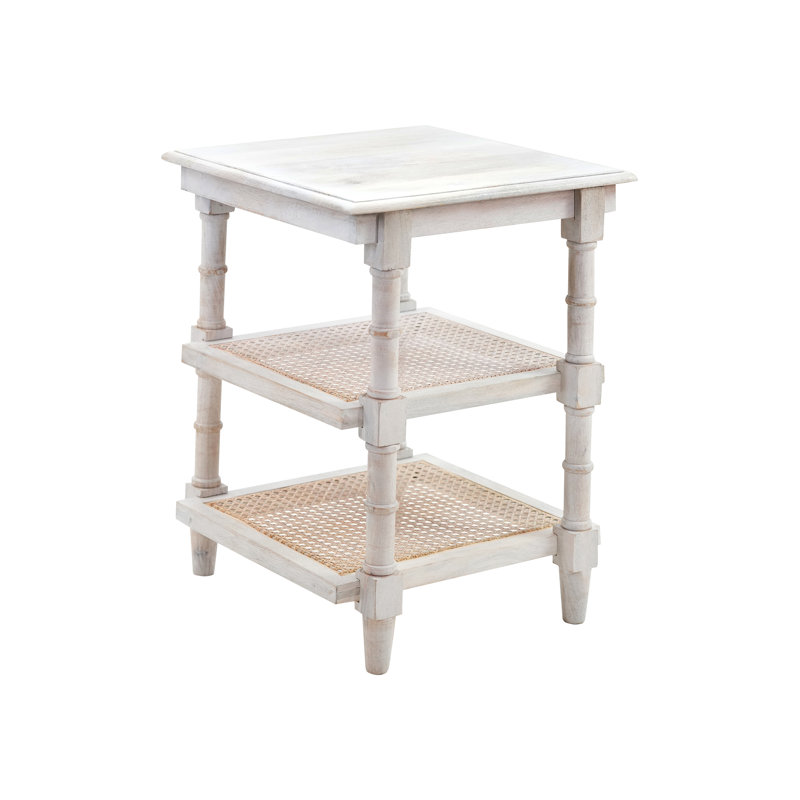 Leyt 18" W Solid Wood End Table with Cane Shelves , White
