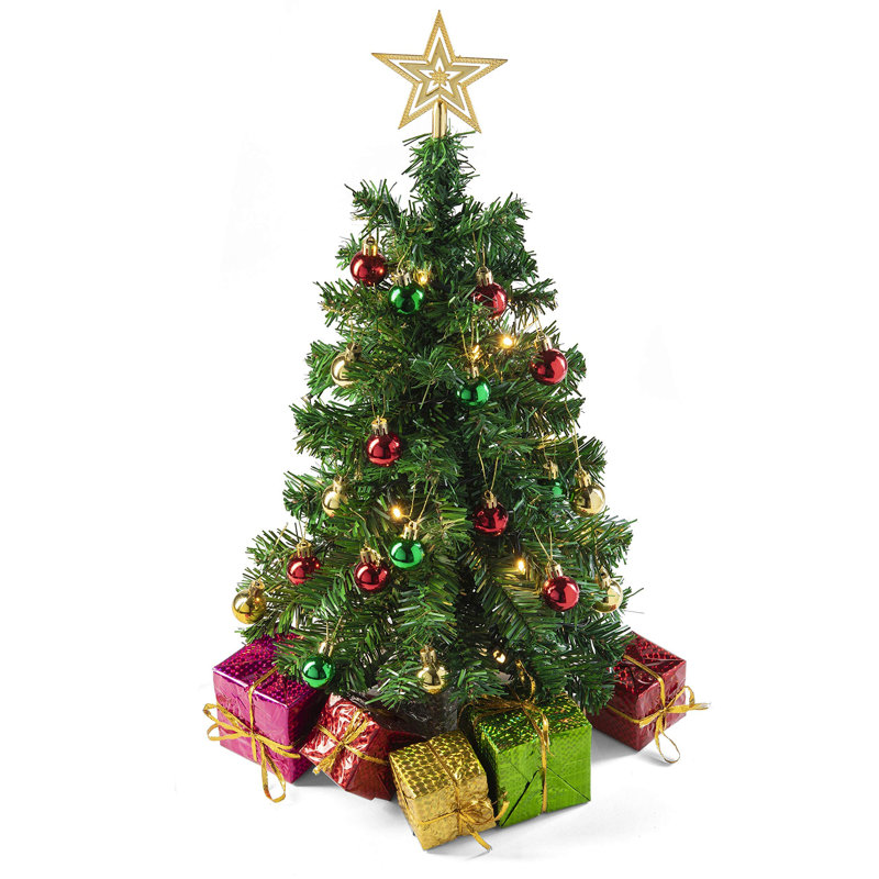 Ensemble de mini arbre de Noël de 23 pouces avec lumières à DEL, dessus en forme d'étoile, ornements et boîtes-cadeaux - Petit arbre de table pour bureau ou table - Décorations des Fêtes faciles à installer