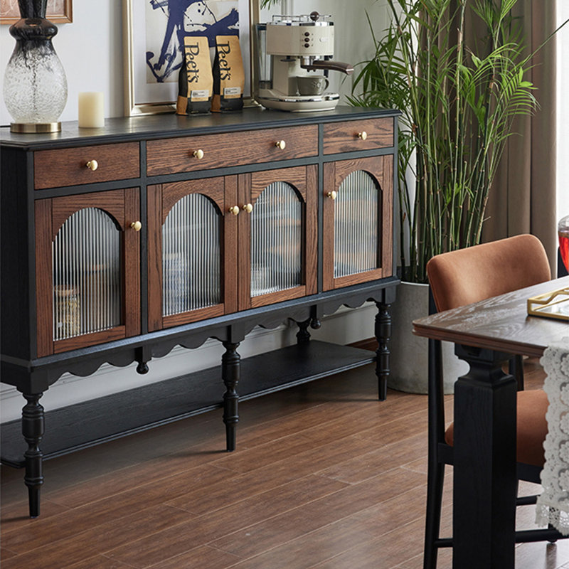 Armoire de rangement en bois massif rétro, 39.37" H x 62.99" W x 15.75" D, Black/Brown