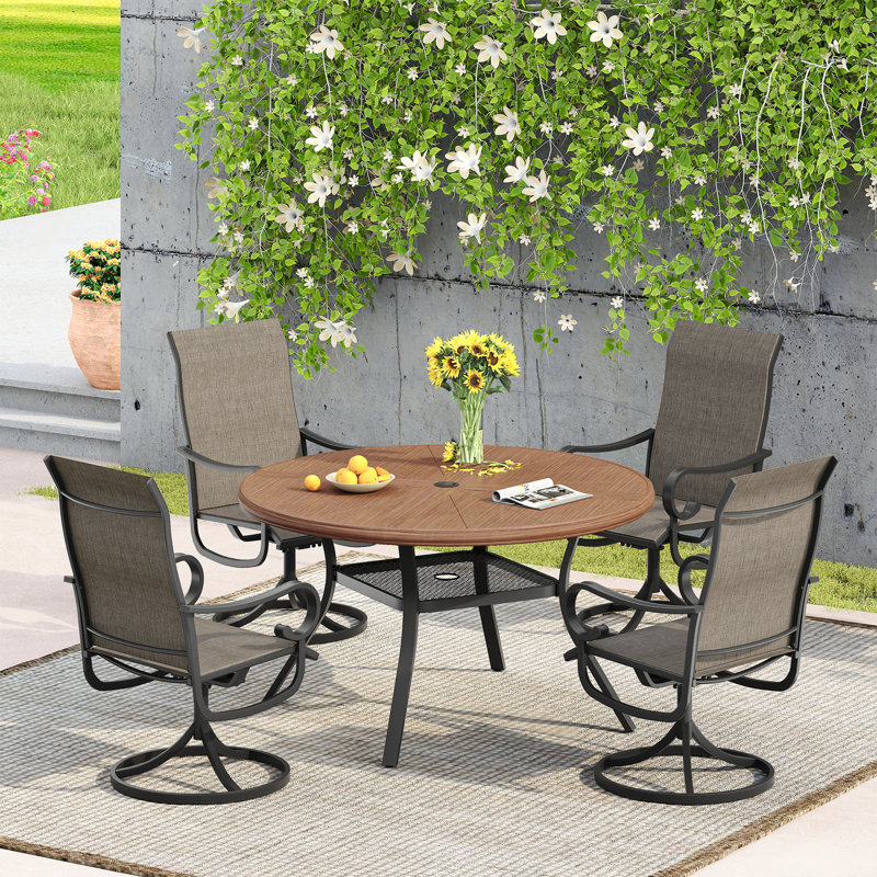 Aluminum Patio Dining Set with Aluminum Round Dining Table and 4 PVC-coated polyester Swivel Dining Chairs