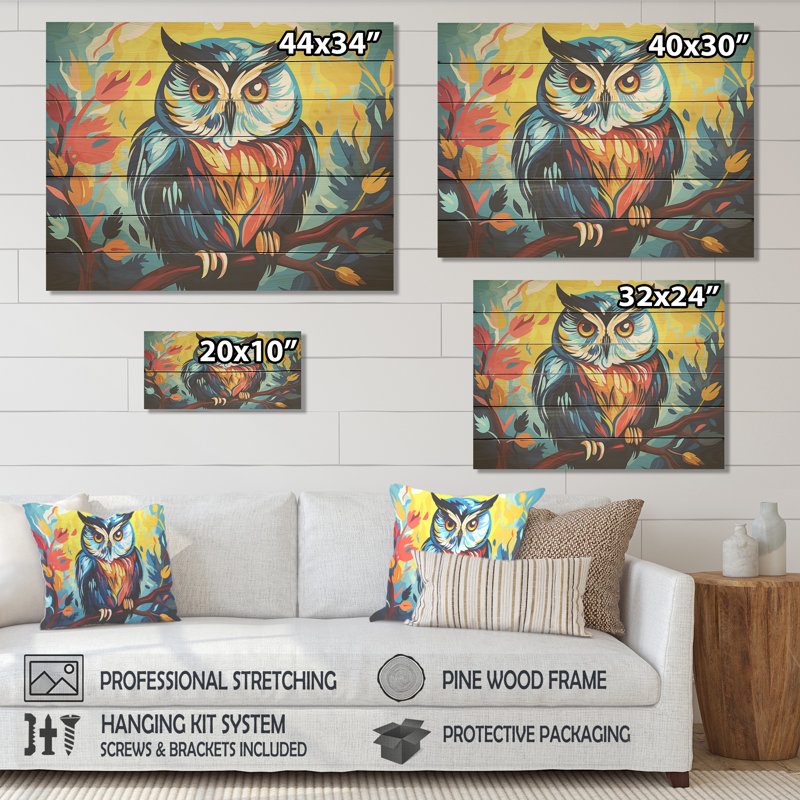 Chouette colorée Popart Watchers III - Chouette sur bois, H 24 po x l 32 po x P 0,78 po