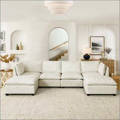Cloud Couch Sectional Sofa, Chenille 4-Seat Sleeper with Deep Seating, 2 Ottomans & Throw Pillows for Living Room