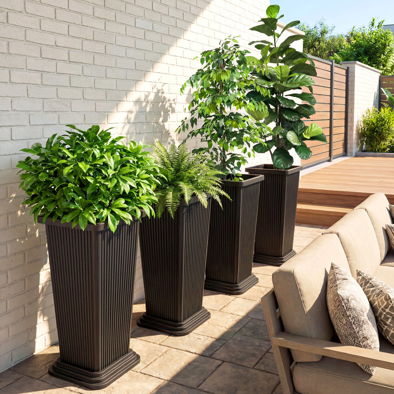 Tall Planter 2 Pairs-Plastic Flower Pot  Large Indoor and Outdoor Planters for Front Porch and Patio（4 Pieces）, Black