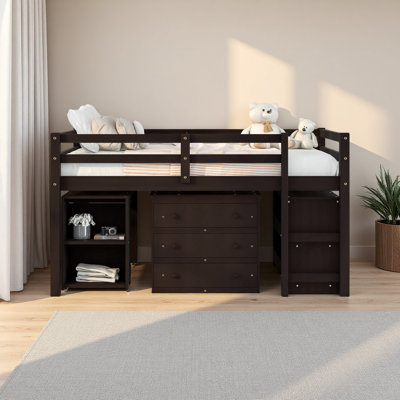 Lit mezzanine basse avec armoire, tablettes et bureau portable roulant, lit multifonctionnel