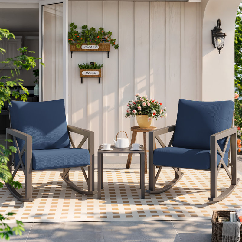 2-Person Outdoor Rocking Chair Set with Table and Cushions, Gray Frame / Beige Cushion