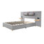 Grand lit plateforme tapissier en velours gris avec prises électriques et options de rangement