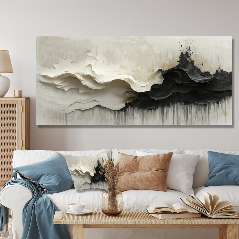 Daventry, noir, blanc, non lié, Horizons, goutte à goutte, peinture I, H 28 po x l 60 po, Toile tendue, Ne s’applique pas