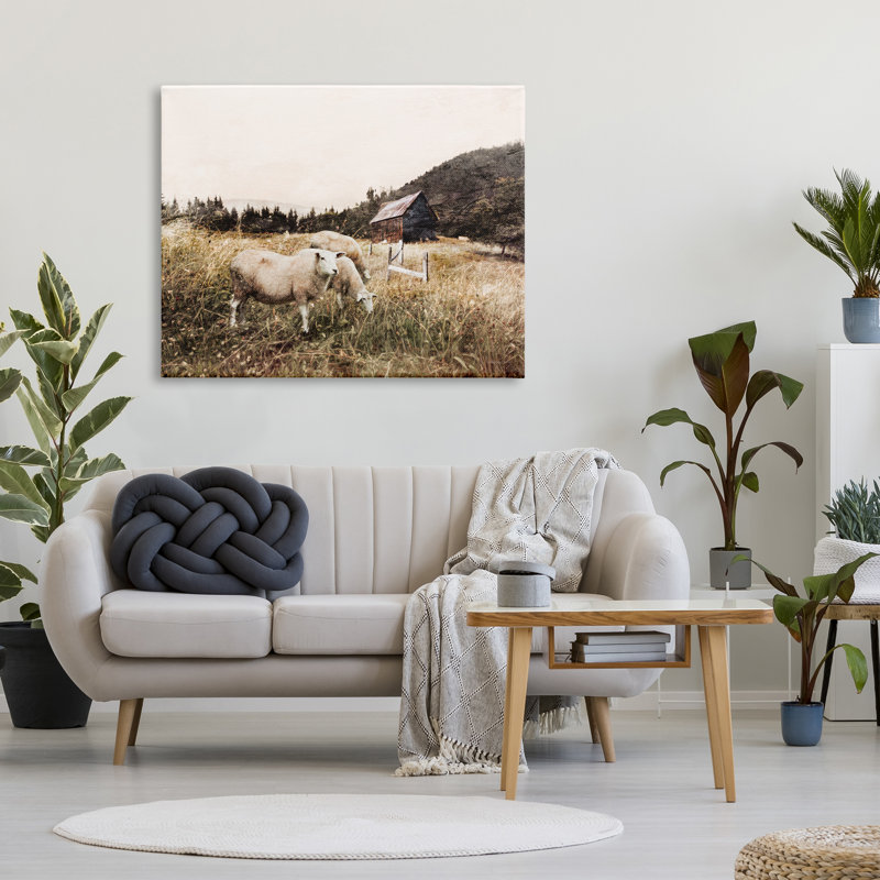 Automne, champ, moutons, pâture, grange sauvage - photographie, H 36 po x l 48 po, Toile tendue