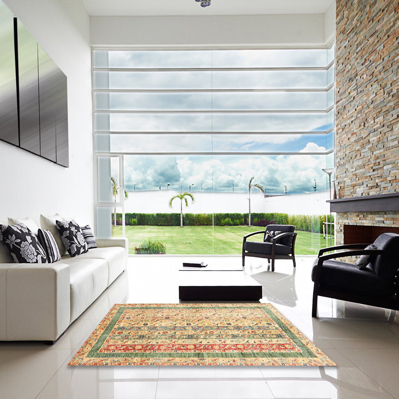 Tapis de zone ivoire/vert léger contemporain, Carré 4 pi