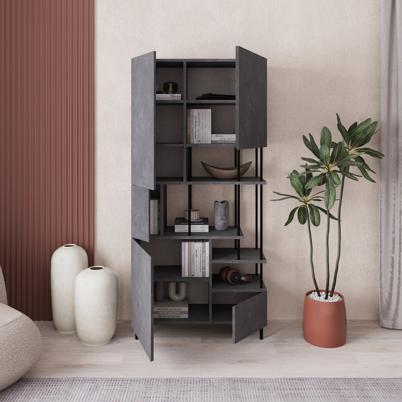 Key Modern Bookcase Display Unit with Closed Cabinets and Open Shelves, Sandstone