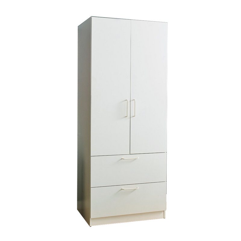 Rema 2 Door Standing Closet With 2 Drawers, Chrome Hanging Bars, White Wood