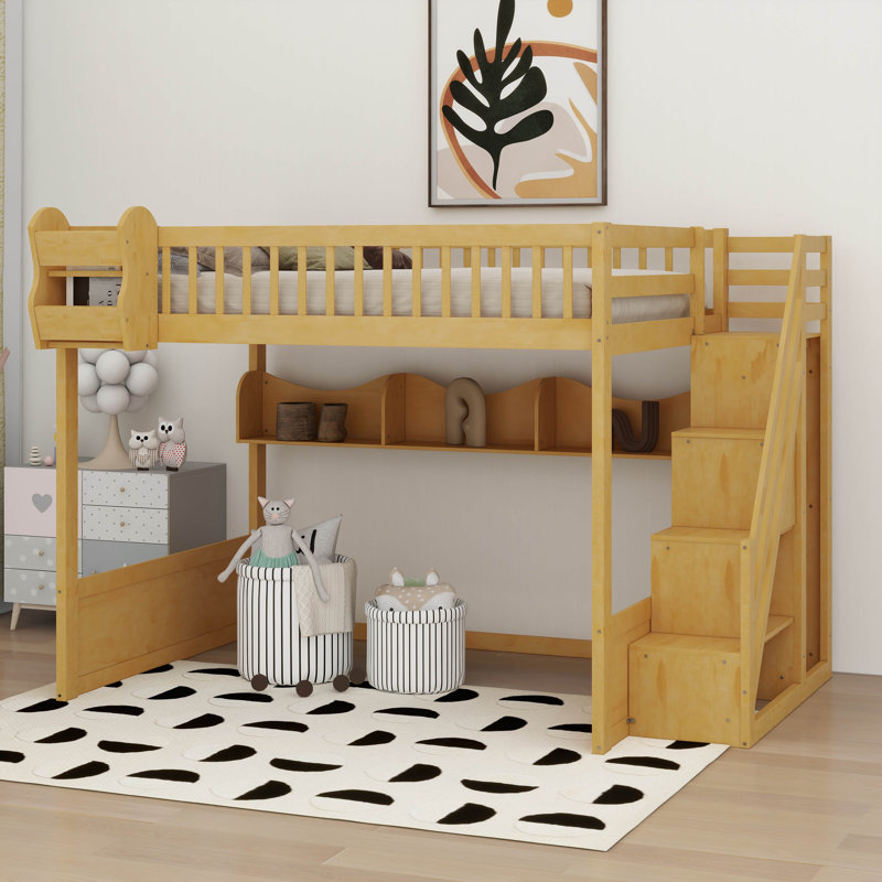 Grand lit mezzanine en bois avec garde-robe et escalier, tablettes de rangement, lit superposé multifonctionnel, Natural