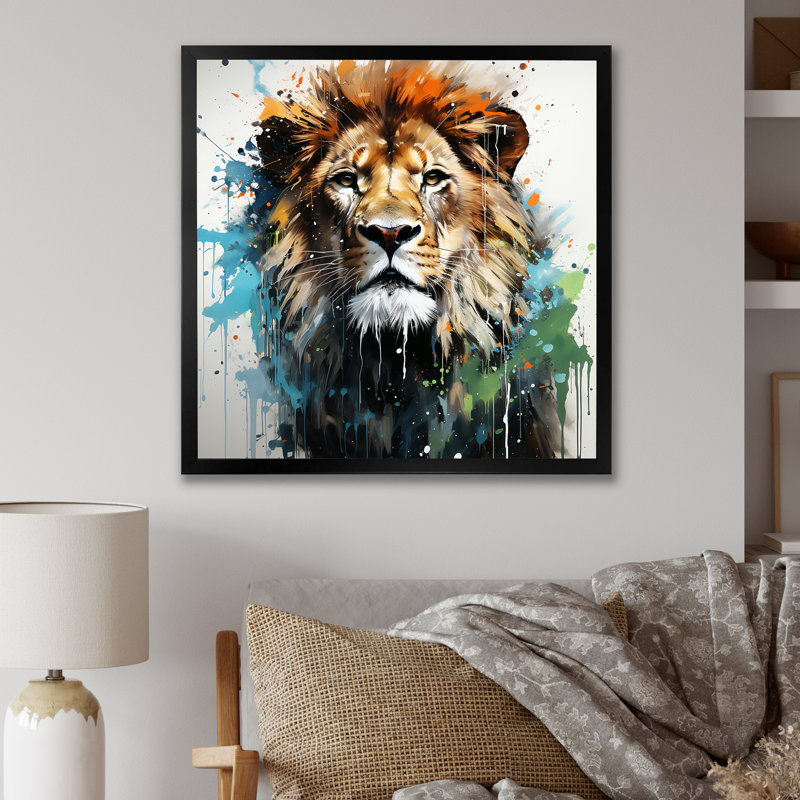 Décoration murale monarque brune et verte - Lion, Cadre photo noir, H 16 po x l 16 po x P 1 po