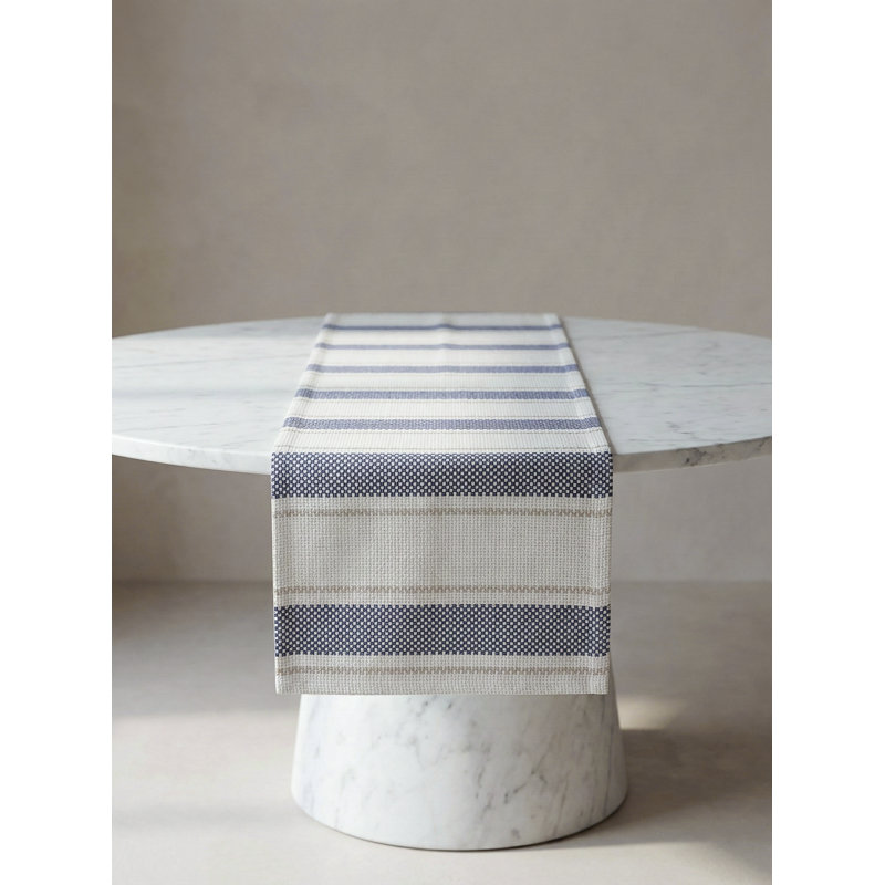Sandy Beige Sail Stripe Indoor Outdoor Table Runner 14x72, Navy Blue