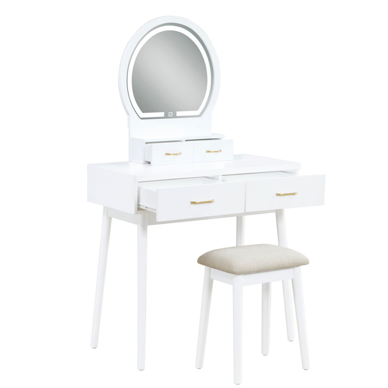 Luxury Vanity In White With Led Lighted Mirror, 4 Drawers And Padded Stool For Bedroom Storage Decoration