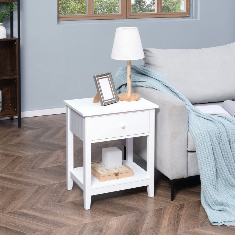White 2 Side Table With Drawer And Storage, Versatile End For Living Room, 13.99 Inches Deep Table, Modern 13.99'' Depth