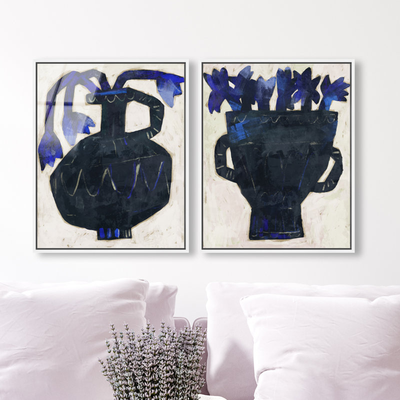 Indigo Vases Set Set by Oliver Gal, 42"H x 34"W, White Floater Frame