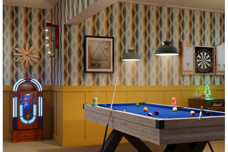 A game room with a jukebox, a blue pool table, and a wall-mounted dart board.