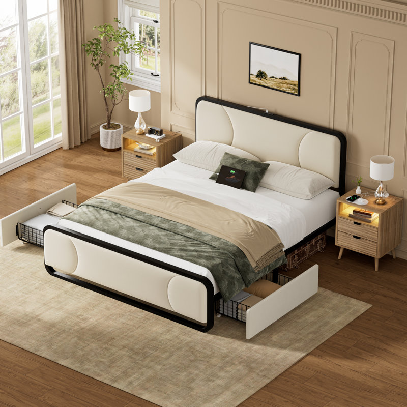 3 Piece Bedroom Sets, Arc-Shaped Upholstered Bed With 2 Drawers& 2 Wave-Patterned Nightstand, Beige/Natural, Queen