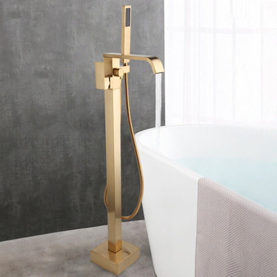 Floor Mounted Brushed Gold Free Standing Bathtub Faucet Shower Tub Filler Spout