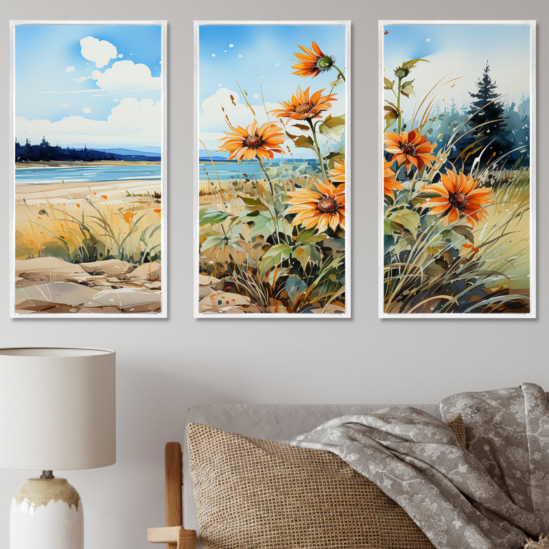 Tournesols sur la plage - ensemble de reproductions d'art mural tournesols, Cadre flottant blanc, H 28 po x l 36 po x P 1 po